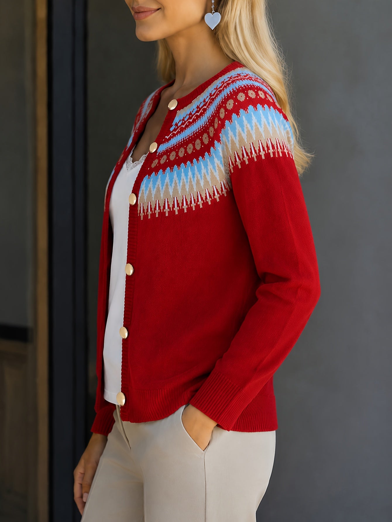 Gilet boutonné à motif Fair Isle Ondri – Haut à manches longues boutonné pour femme, pull en maille jacquard bleu marine, beige et bleu