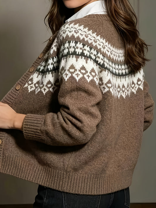 Houndella Fair Isle Button Cardigan – Knit Sweater Women Preppy Vintage Holiday Cardigan Sweater