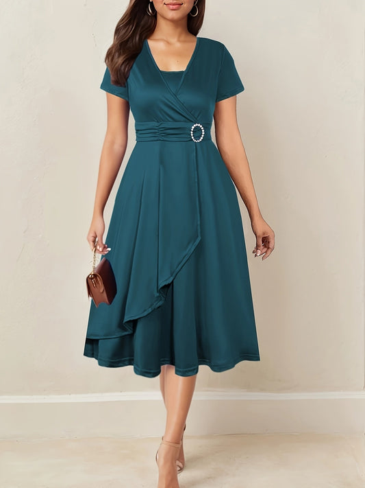 Robe midi cache-cœur Brumati - Robe midi bleu sarcelle pour femme, à boucle strass, froncée, pour soirées et fêtes formelles