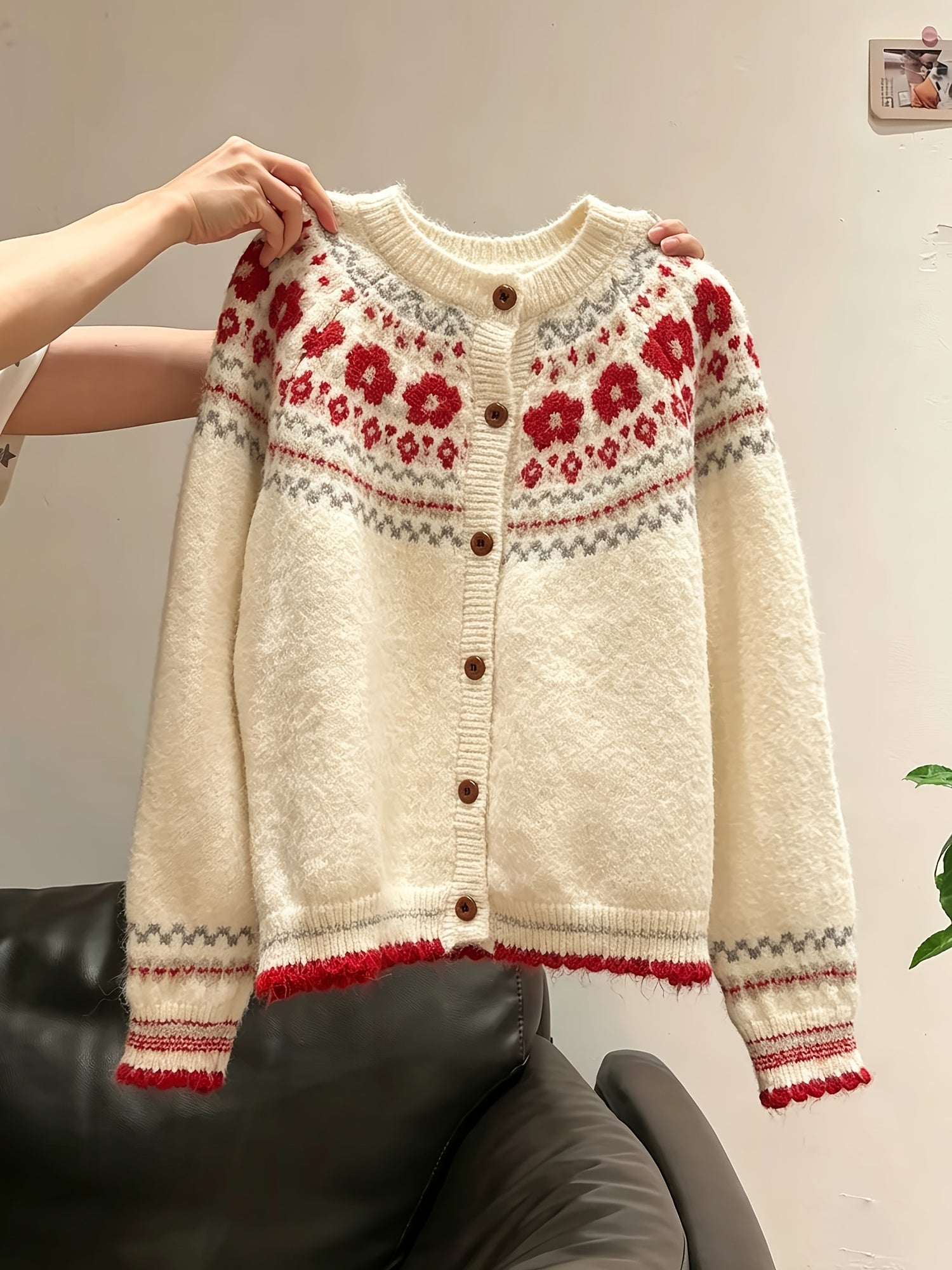 Blomstra Fair Isle Button Cardigan – Chunky Knit Women Fall Cozy Oversized Nordic Pattern Cardigan