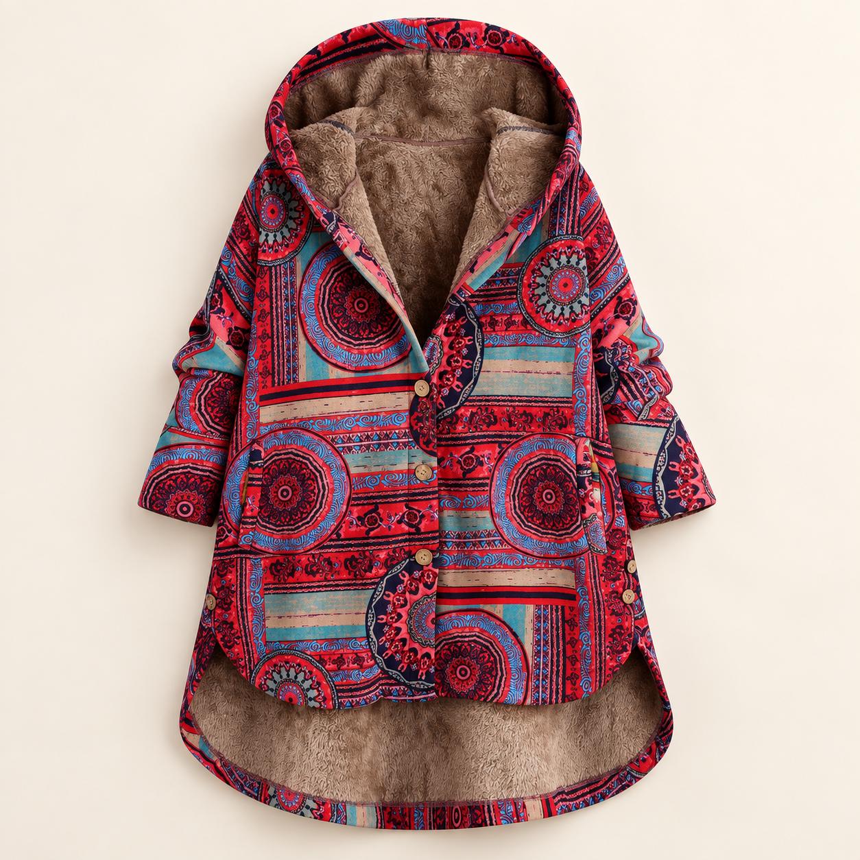 Cirqana Hooded Longline Jacket – Women Bohemian Ethnic Wear Oversized Printed Button Front Coat