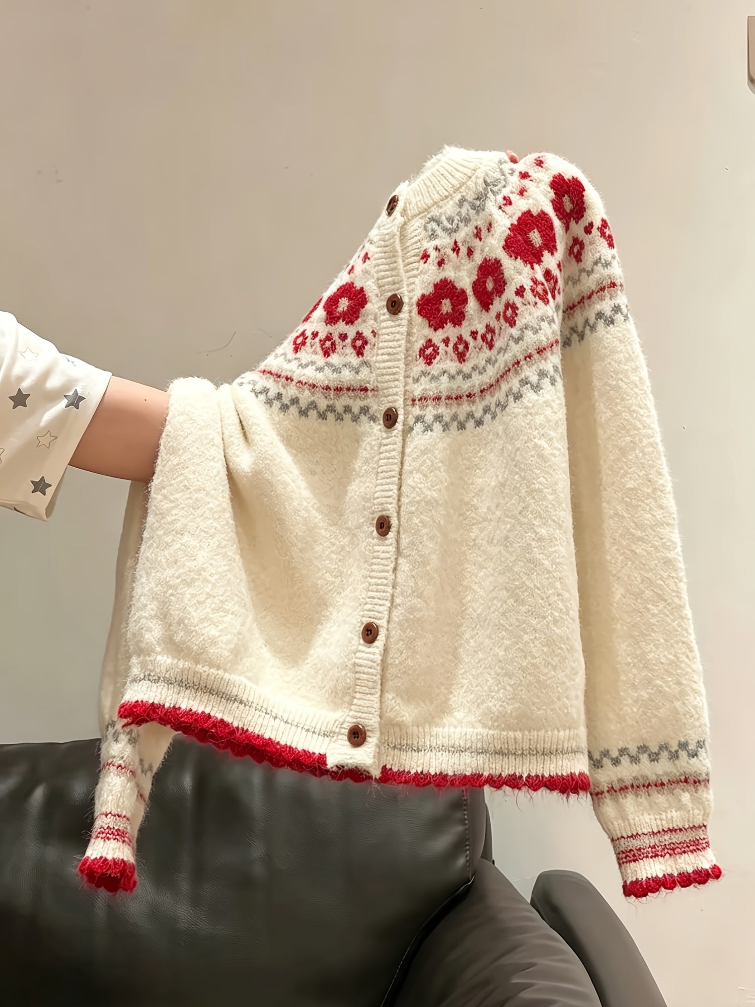 Blomstra Fair Isle Button Cardigan – Chunky Knit Women Fall Cozy Oversized Nordic Pattern Cardigan