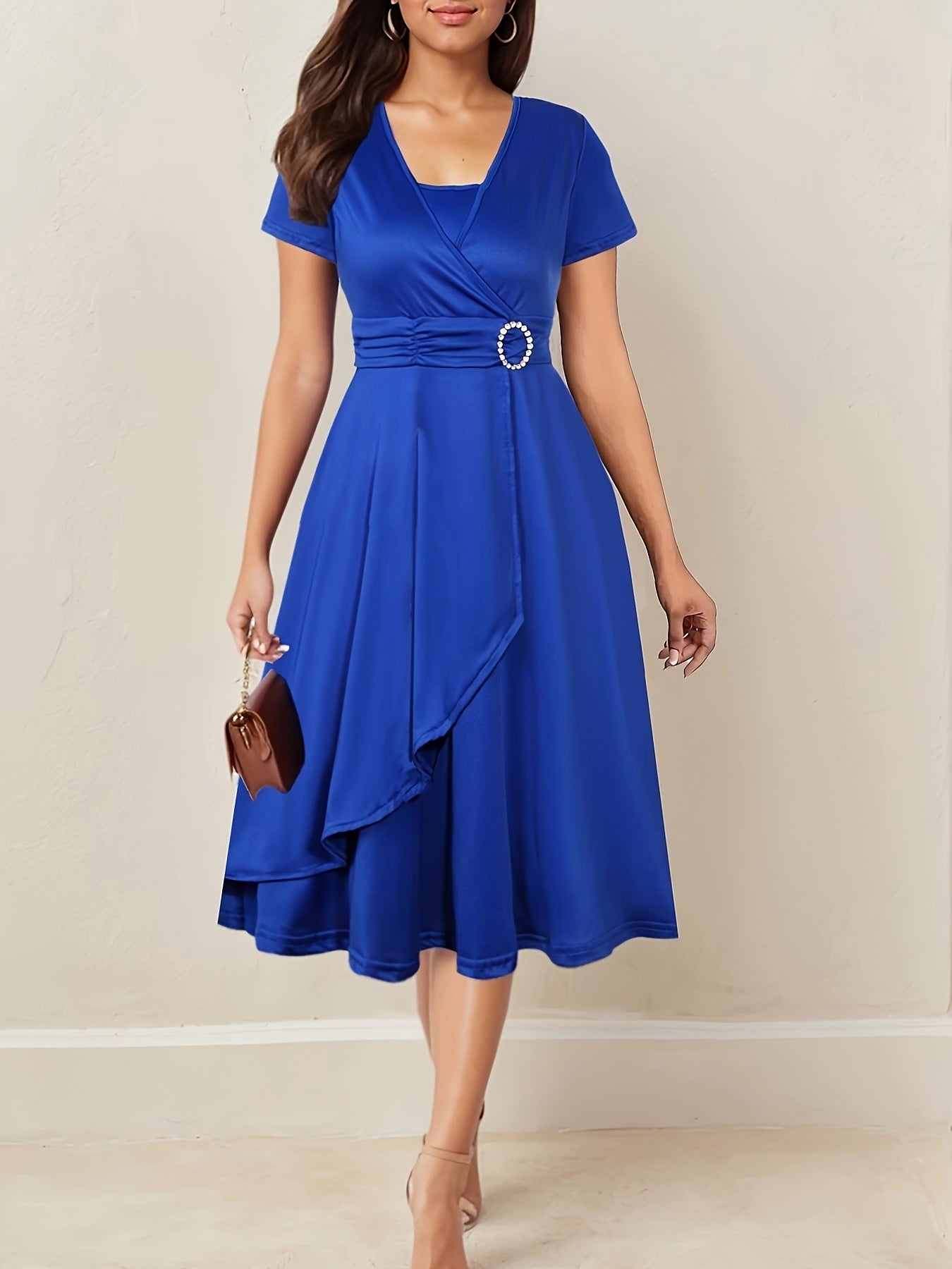 Brumati Wrap Waist Midi Dress – Rhinestone Buckle Ruched Evening Women Formal Party Teal Midi Dress