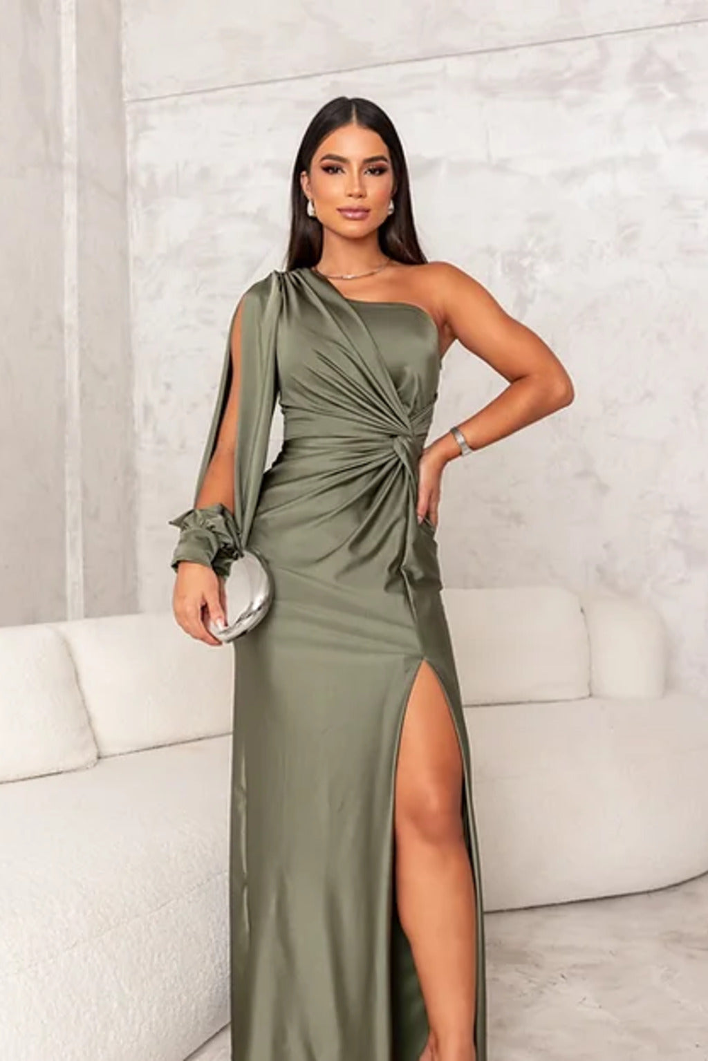 Robe longue fendue à une épaule Drapevia - Robe longue drapée en satin pour femme, pour soirées formelles, cocktails et fêtes