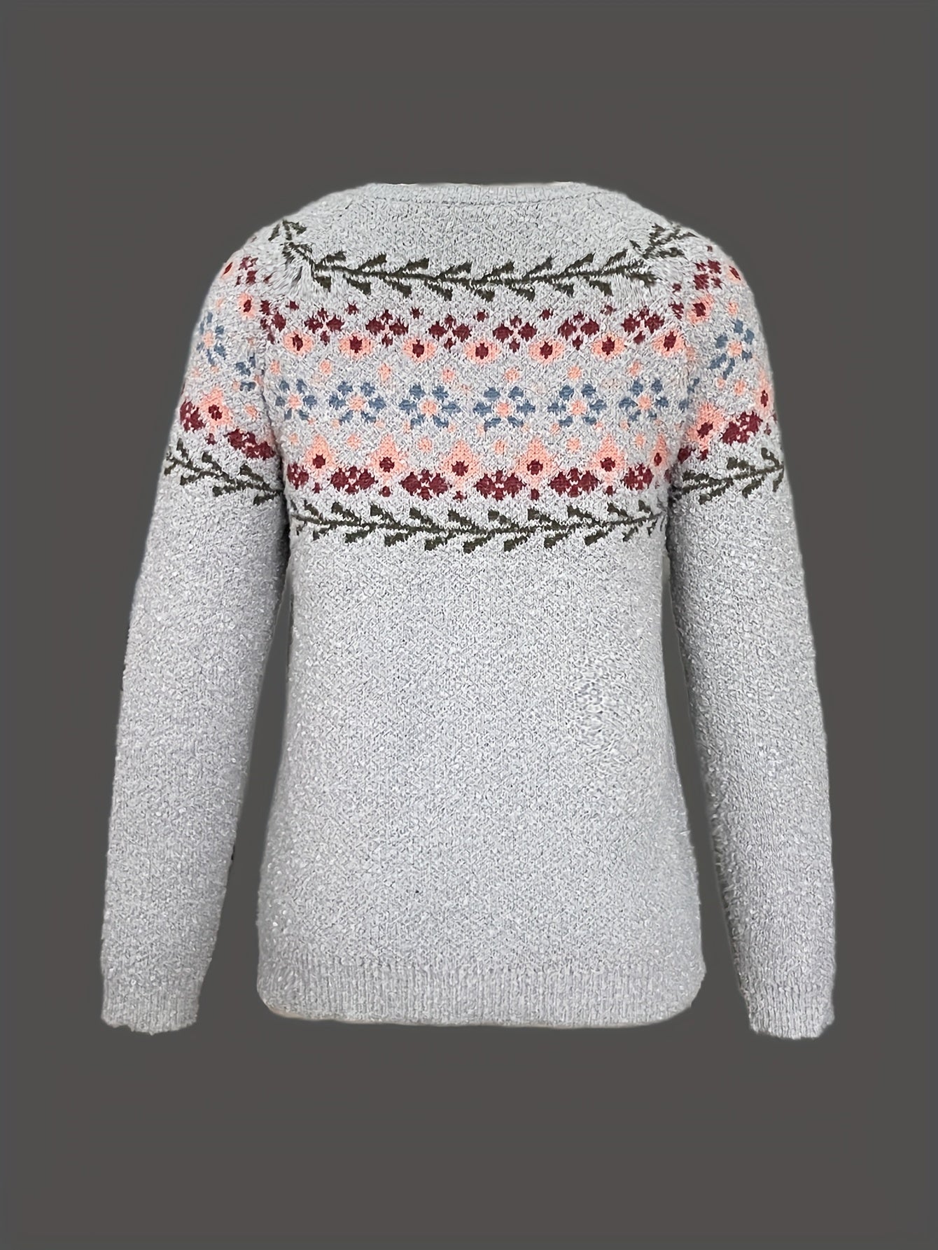 Fjorisa Fair Isle Jacquard Sweater – Women Crew Neck Nordic Pullover Knit Top Fall