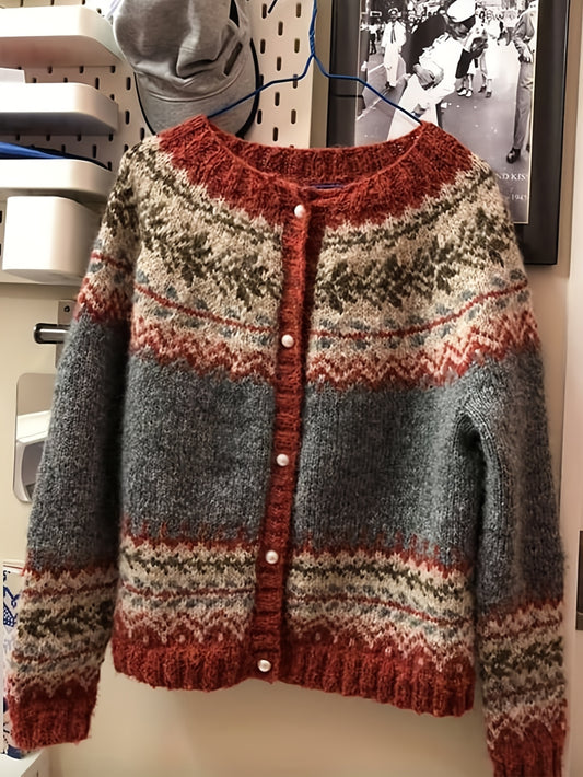 Fjarrond Fair Isle Button Cardigan – Cardigan Women Knit Sweater Nordic Pattern Long Sleeve Cardigan