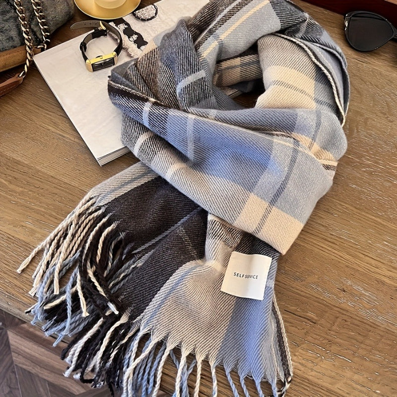 Grande écharpe à carreaux Frinara – Écharpe chaude pour femme, hiver et automne, à pompons et franges, châle enveloppant façon couverture