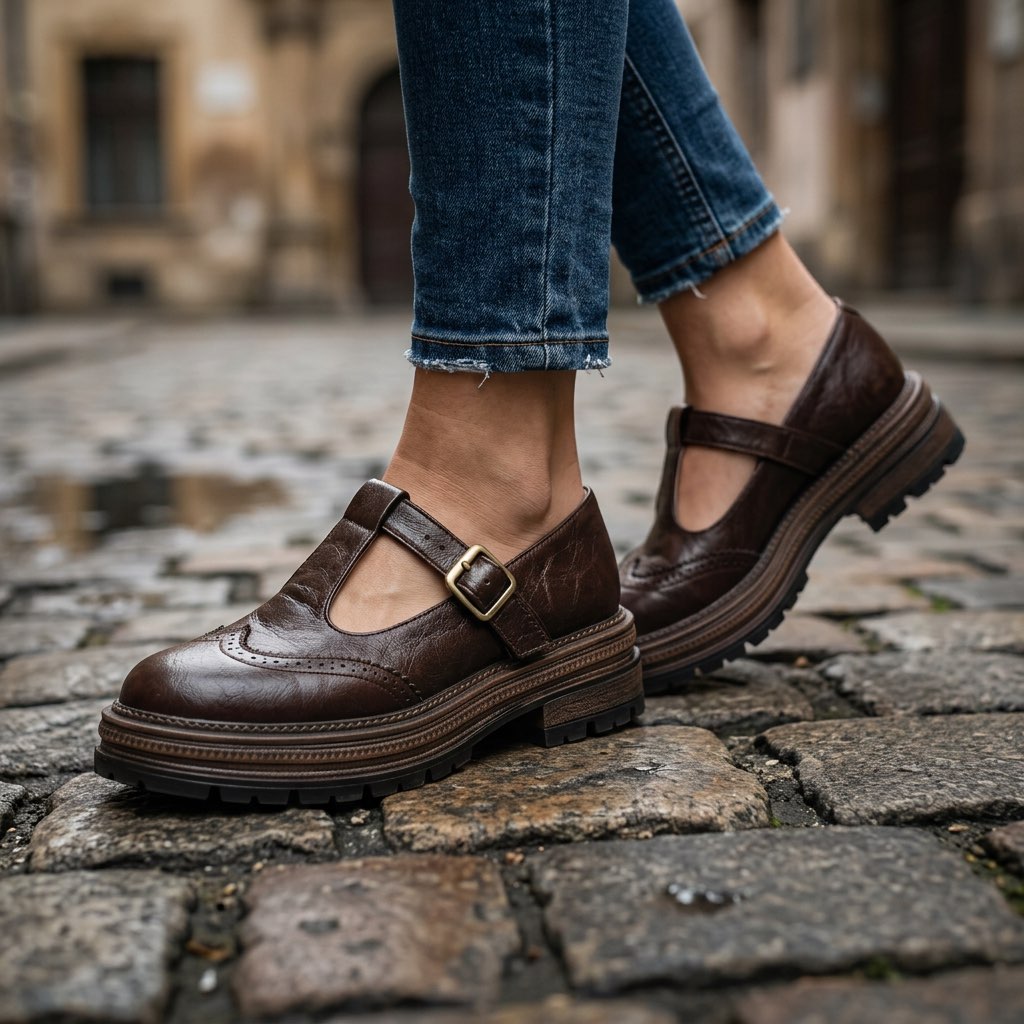 Chaussures Mary Jane à plateforme Buckstrap - babies à bride en T, semelle épaisse, chaussures plates décontractées vintage en cuir pour femme, automne