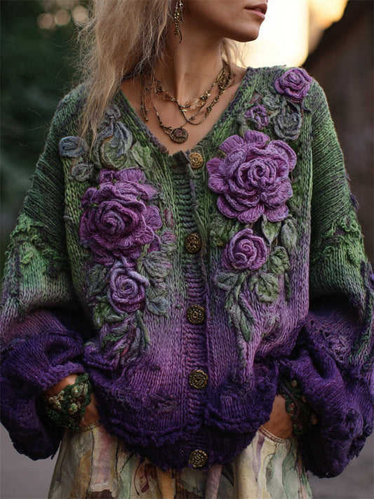 Cardigan Florasa à appliqués floraux 3D - Cardigan femme oversize en maille épaisse, boutonné sur le devant, style bohème cottagecore pour l’automne