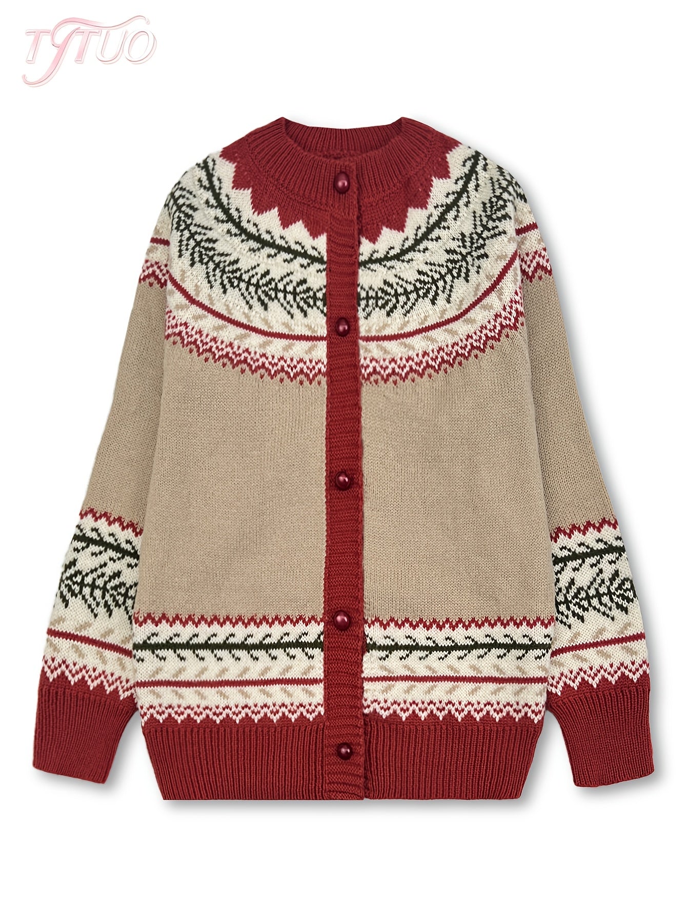 Cardigan boutonné Fair Isle Fjarrond - Pull cardigan tricoté pour femme, motif nordique, manches longues