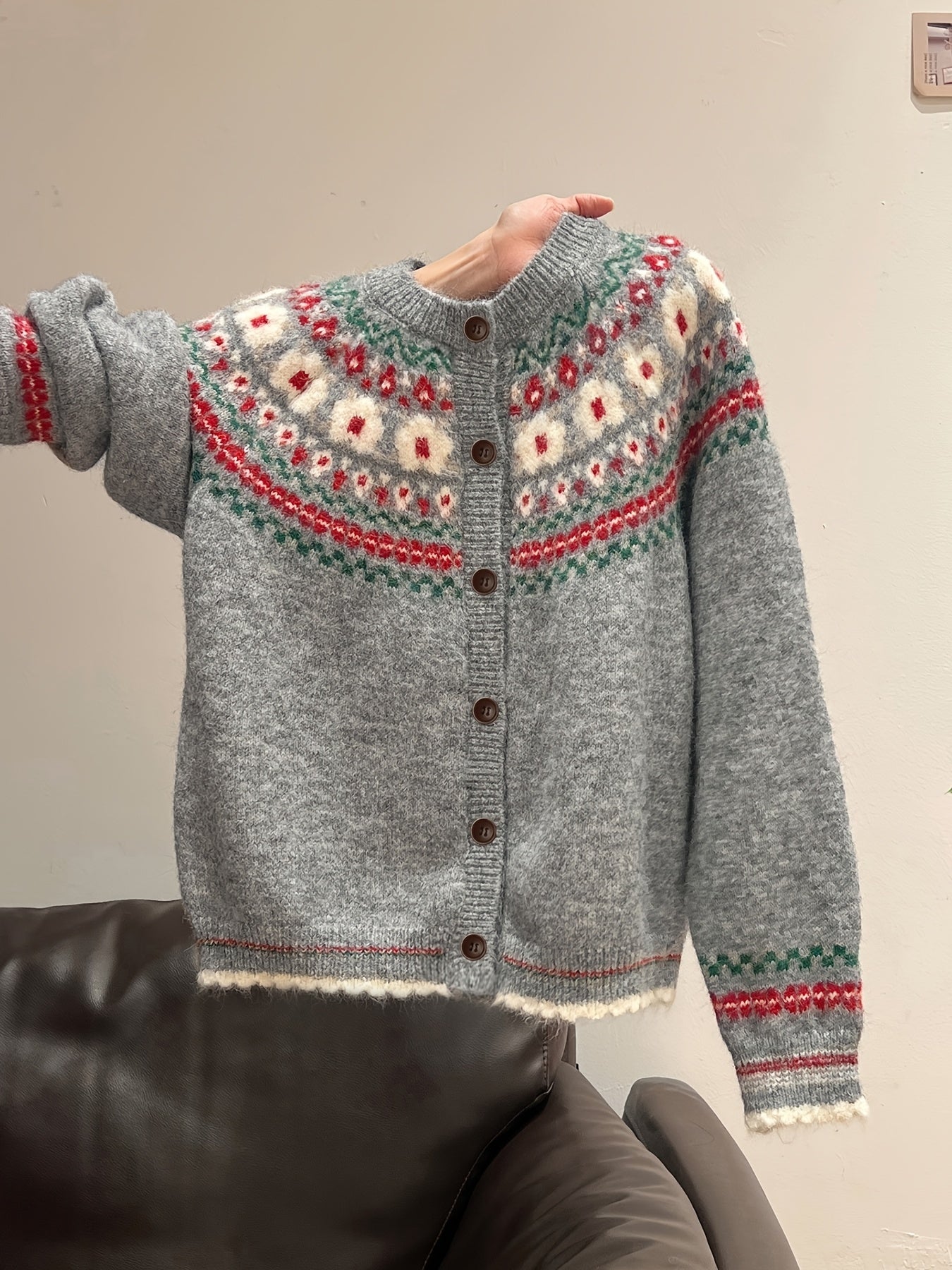 Blomstra Fair Isle Button Cardigan – Chunky Knit Women Fall Cozy Oversized Nordic Pattern Cardigan