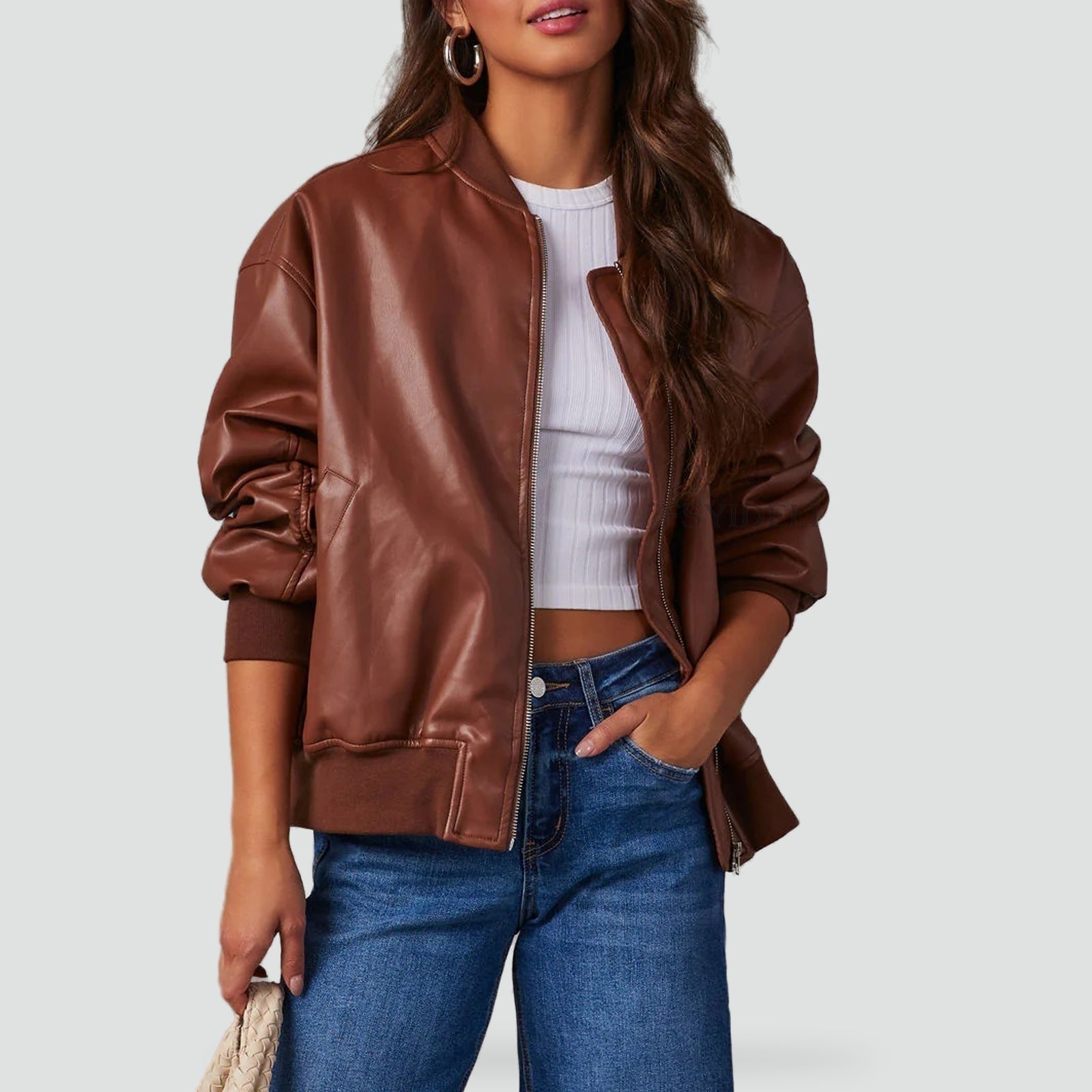 Terrique Oversized Bomber Jacket – Leather Bomber Jacket Women Casual Streetwear Ribbed Trim Zip-Up Fall Jacket