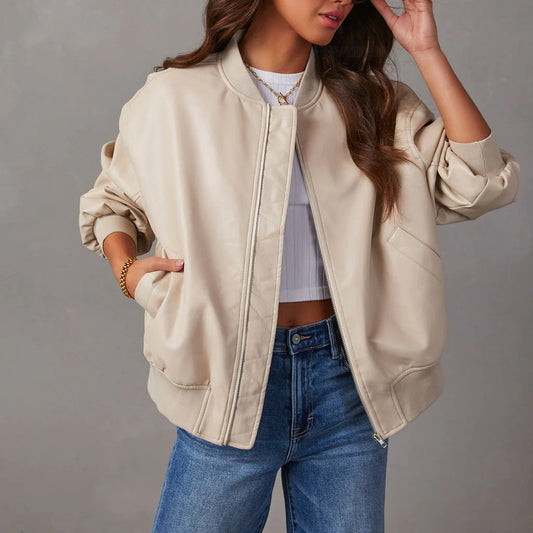 Terrique Oversized Bomber Jacket – Leather Bomber Jacket Women Casual Streetwear Ribbed Trim Zip-Up Fall Jacket