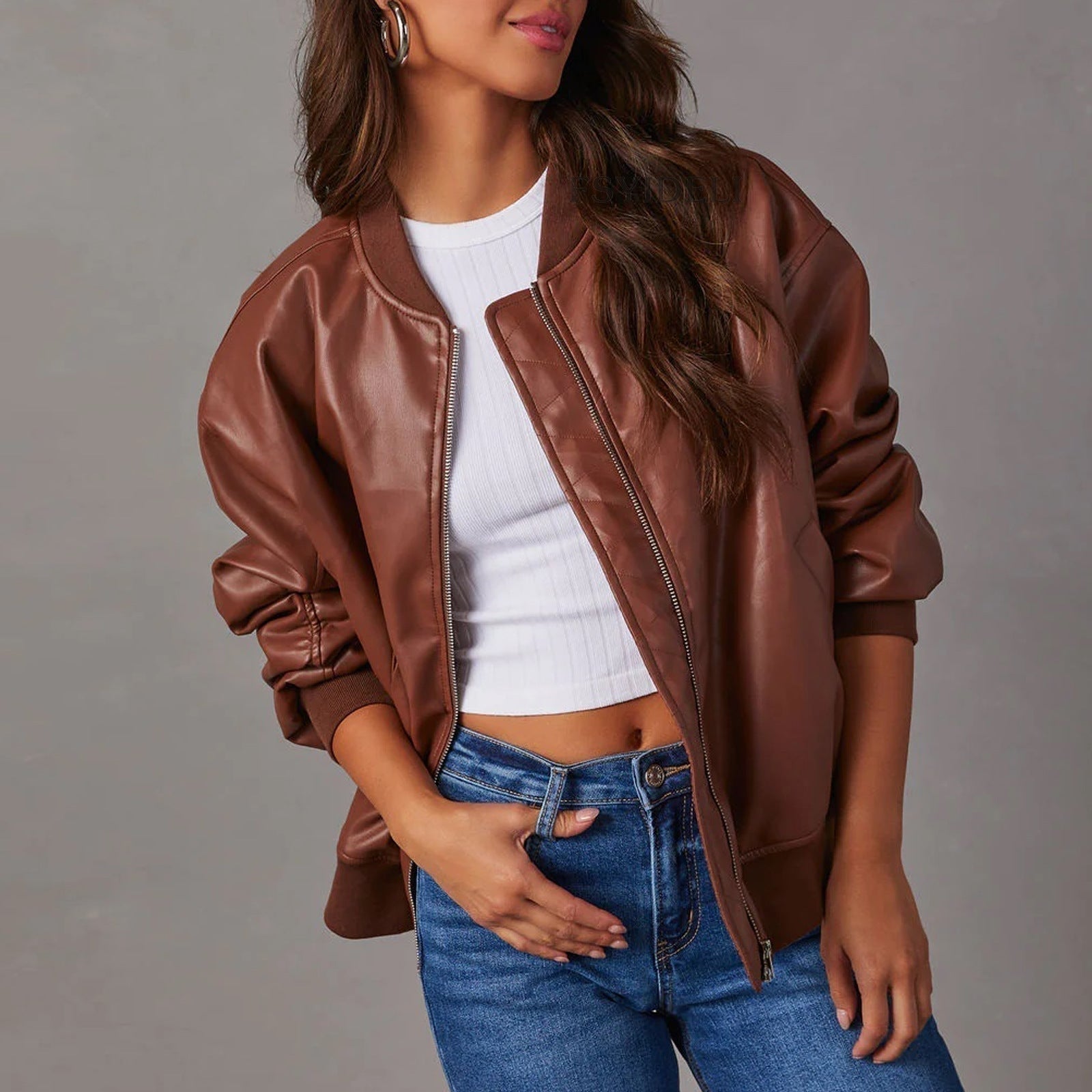 Terrique Oversized Bomber Jacket – Leather Bomber Jacket Women Casual Streetwear Ribbed Trim Zip-Up Fall Jacket