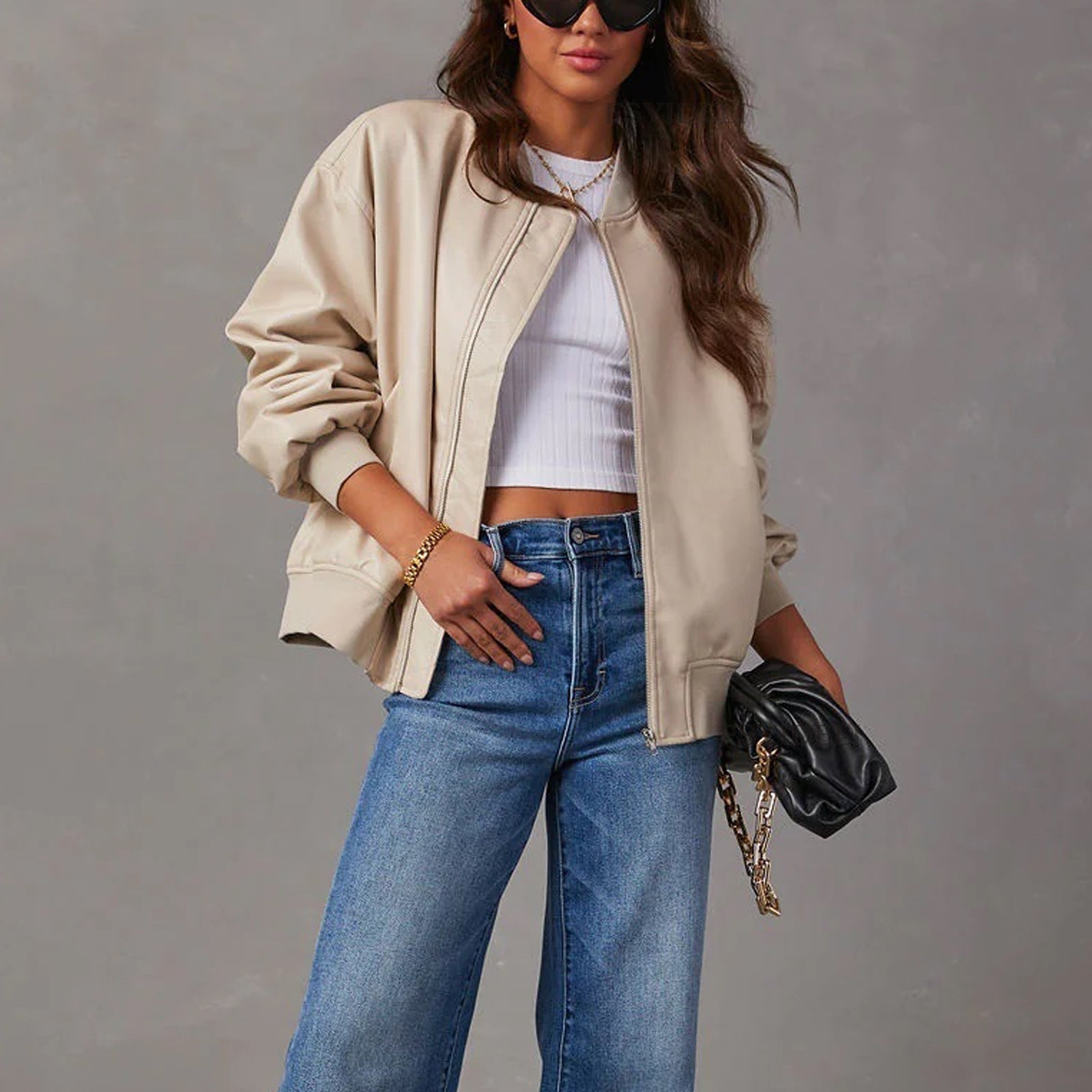 Terrique Oversized Bomber Jacket – Leather Bomber Jacket Women Casual Streetwear Ribbed Trim Zip-Up Fall Jacket