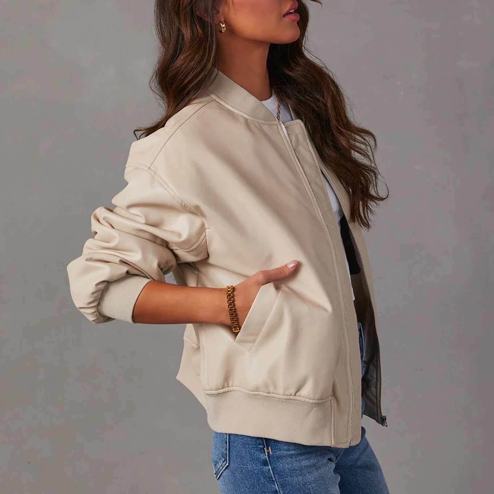 Terrique Oversized Bomber Jacket – Leather Bomber Jacket Women Casual Streetwear Ribbed Trim Zip-Up Fall Jacket