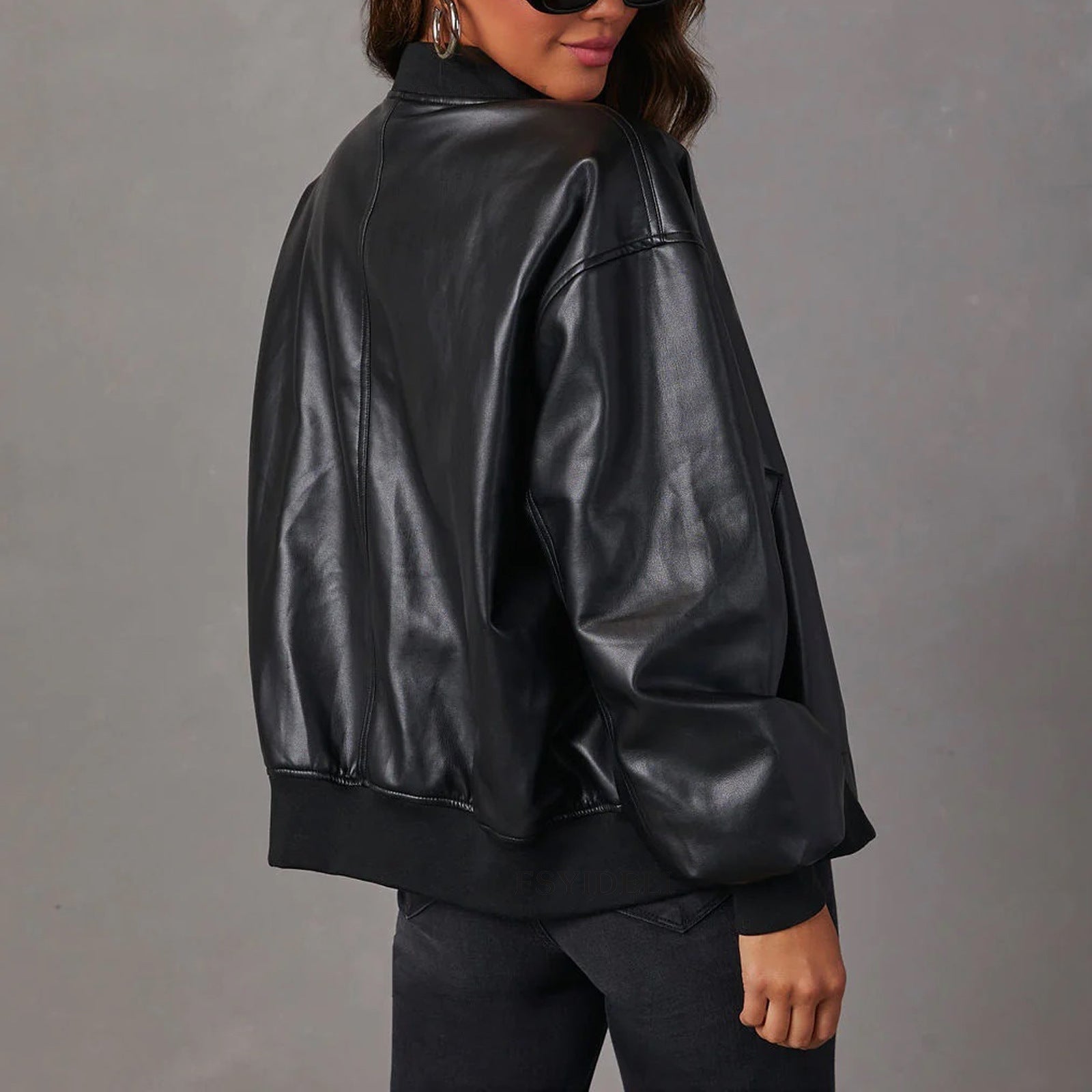 Terrique Oversized Bomber Jacket – Leather Bomber Jacket Women Casual Streetwear Ribbed Trim Zip-Up Fall Jacket
