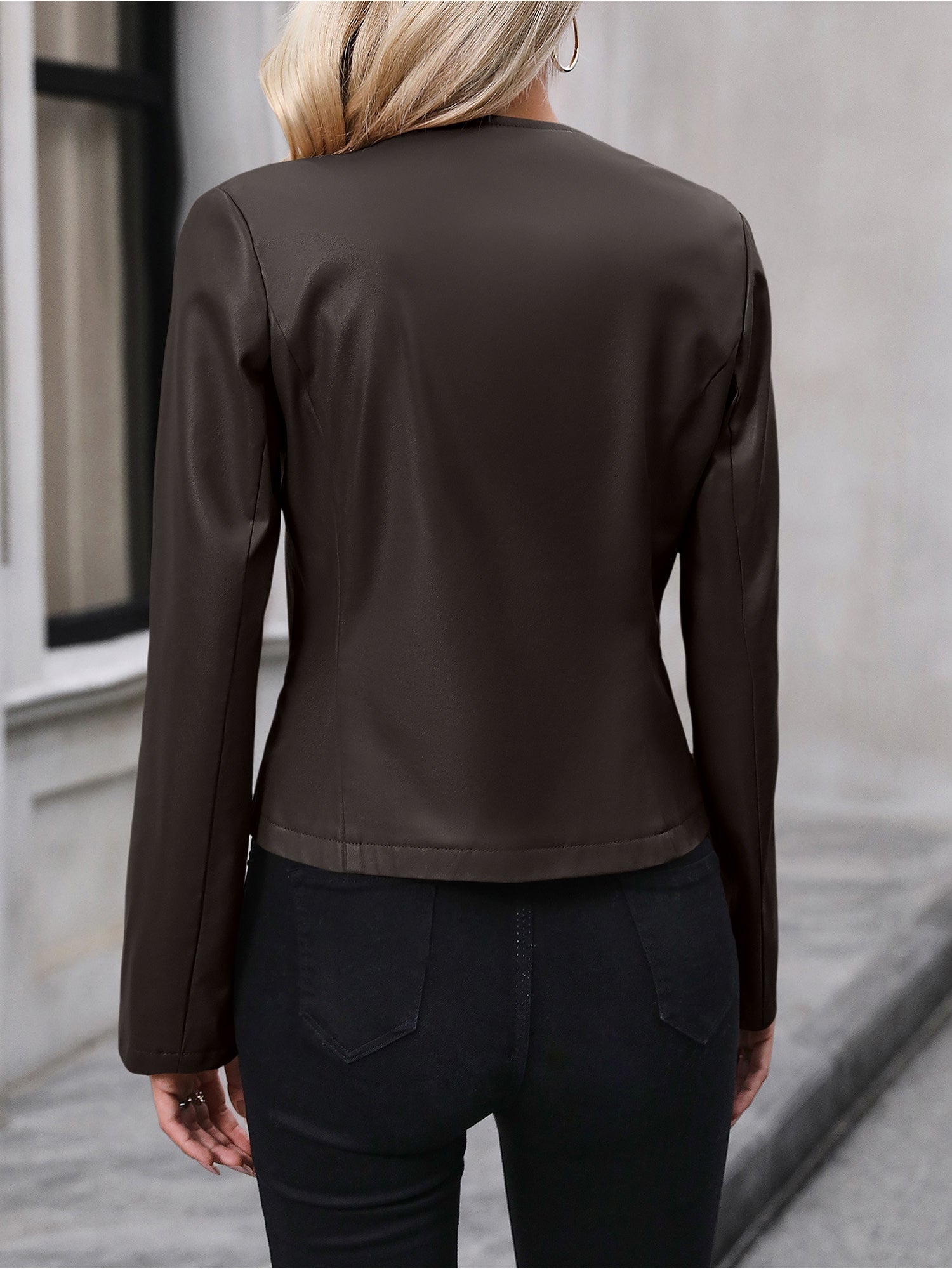 Cordzia Collarless Zip Jacket – Women Zip Up Faux Leather Blazer Cropped Office Work Casual Fall Jacket