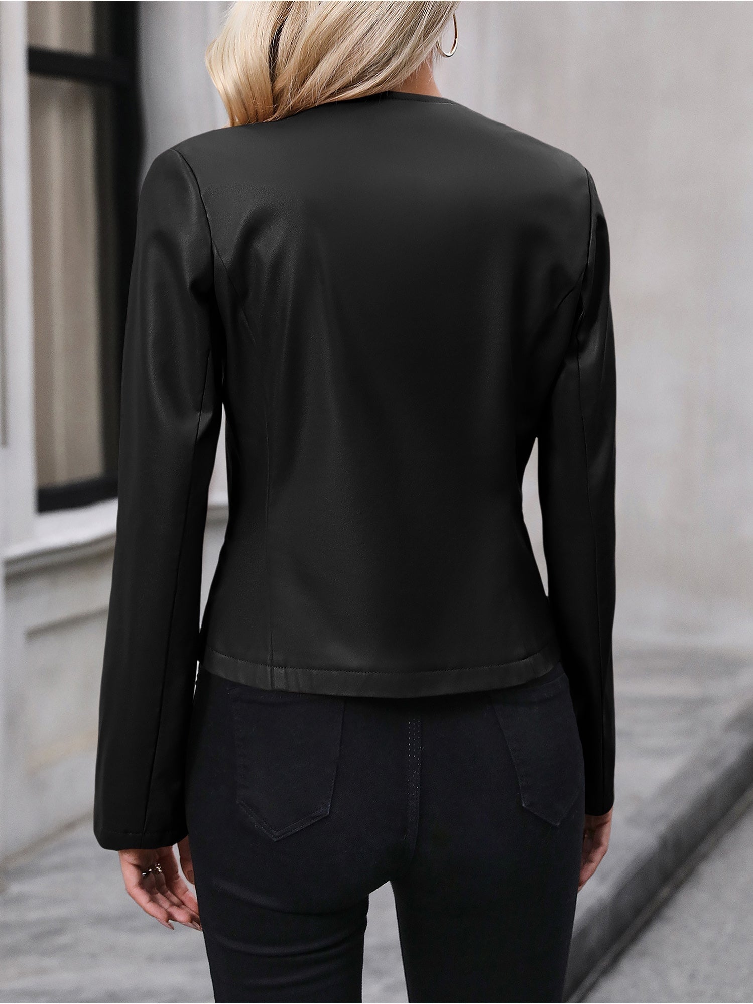 Cordzia Collarless Zip Jacket – Women Zip Up Faux Leather Blazer Cropped Office Work Casual Fall Jacket