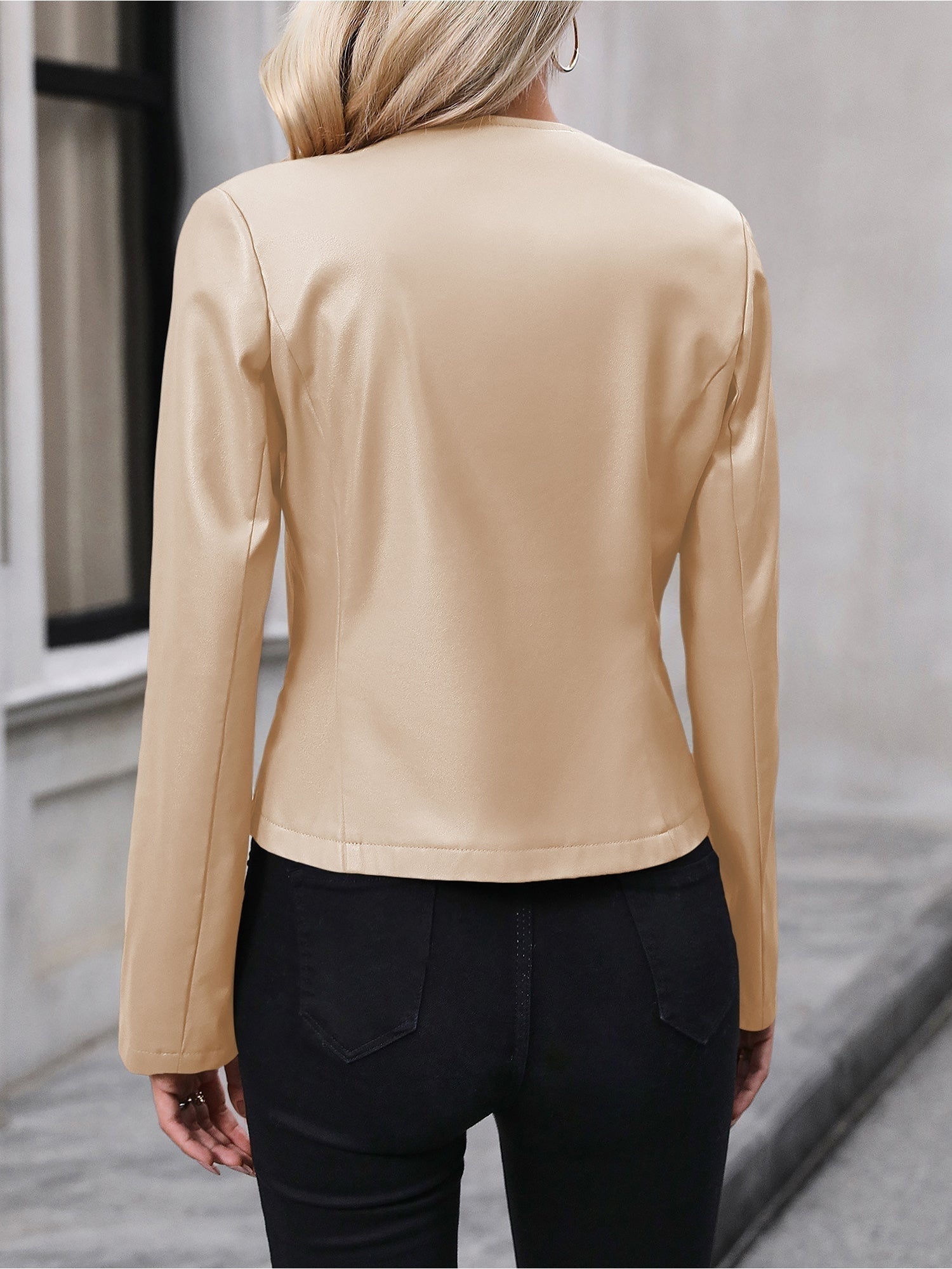 Cordzia Collarless Zip Jacket – Women Zip Up Faux Leather Blazer Cropped Office Work Casual Fall Jacket