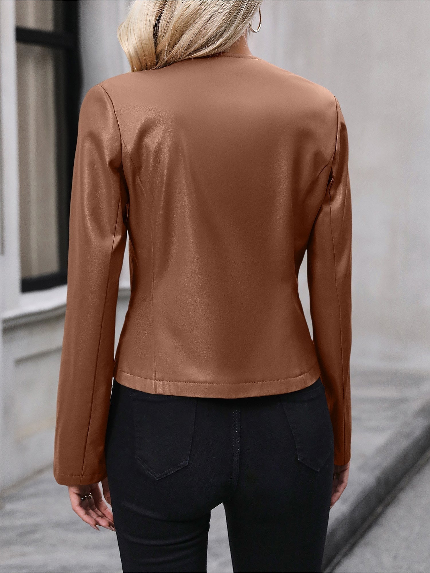 Cordzia Collarless Zip Jacket – Women Zip Up Faux Leather Blazer Cropped Office Work Casual Fall Jacket