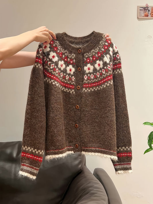 Blomstra Fair Isle Button Cardigan – Chunky Knit Women Fall Cozy Oversized Nordic Pattern Cardigan