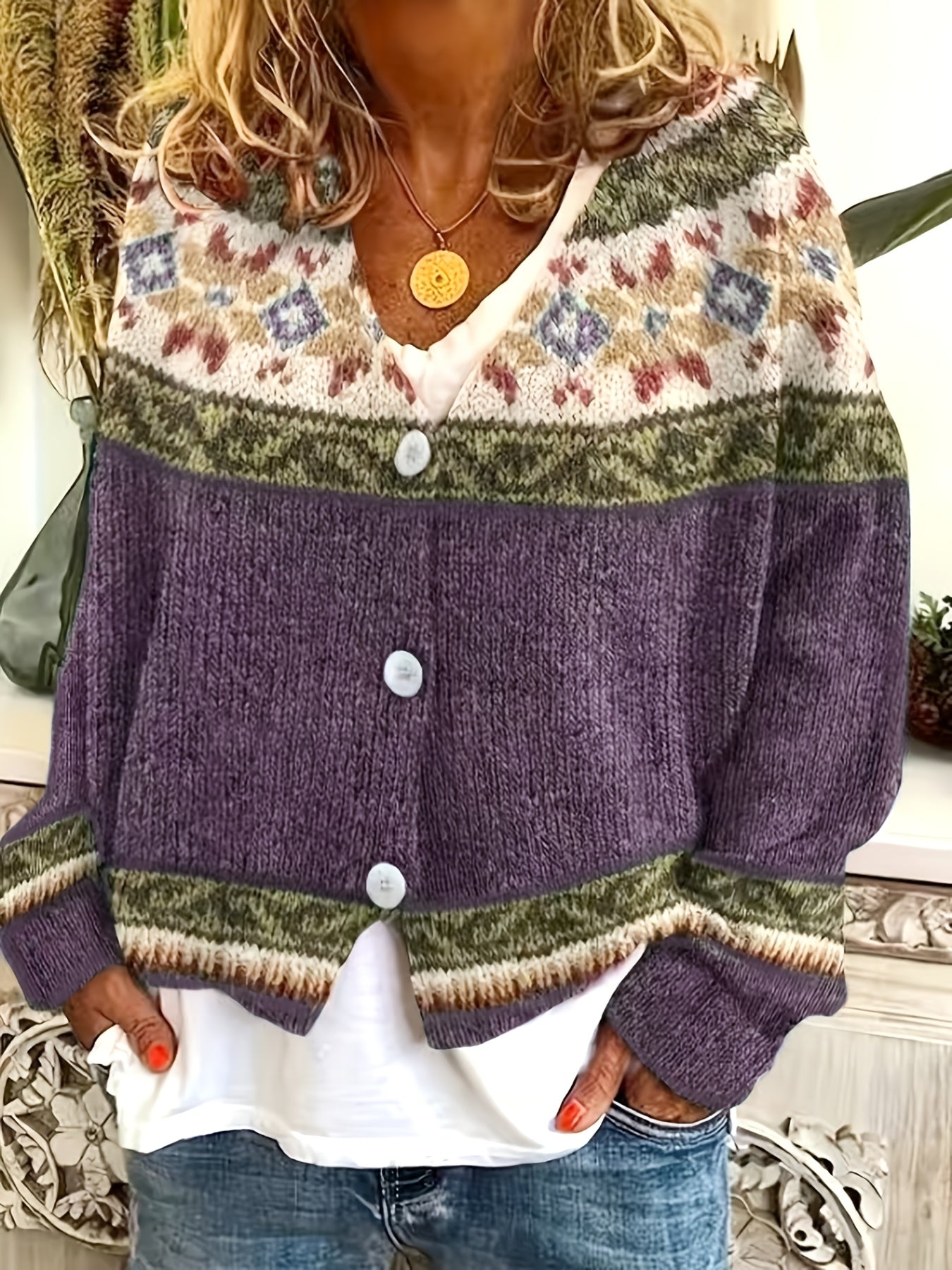 Blorvio Fair Isle Button Cardigan – Crochet Cardigan Sweater Women Fall Vintage Cropped Knit Cardigan