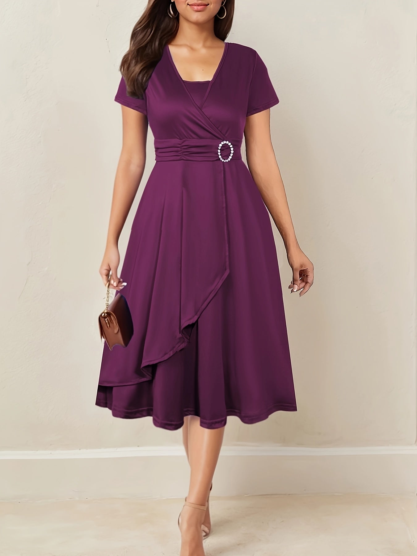 Brumati Wrap Waist Midi Dress – Rhinestone Buckle Ruched Evening Women Formal Party Teal Midi Dress