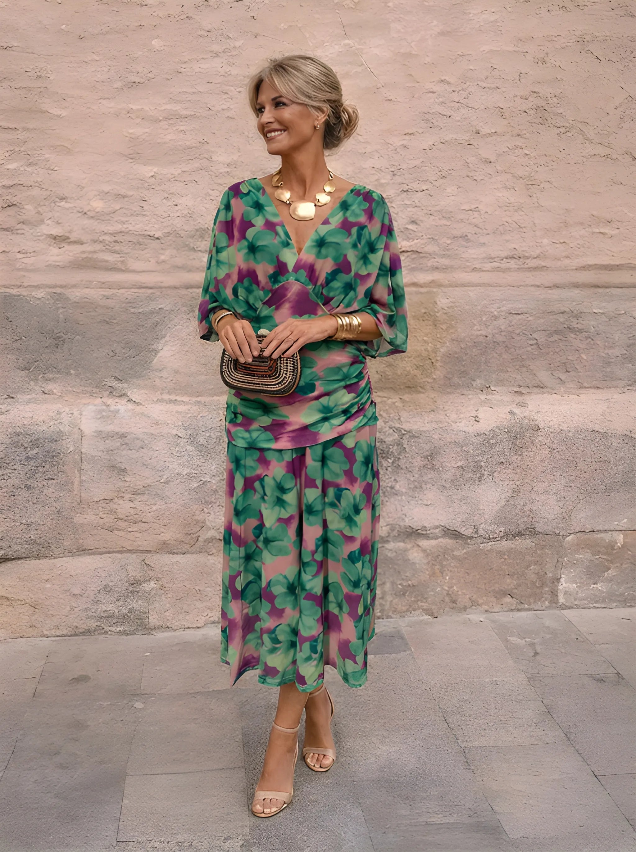 Robe midi drapée à col V Gatherlyn - Robe élégante de soirée pour femme, froncée, à manches kimono