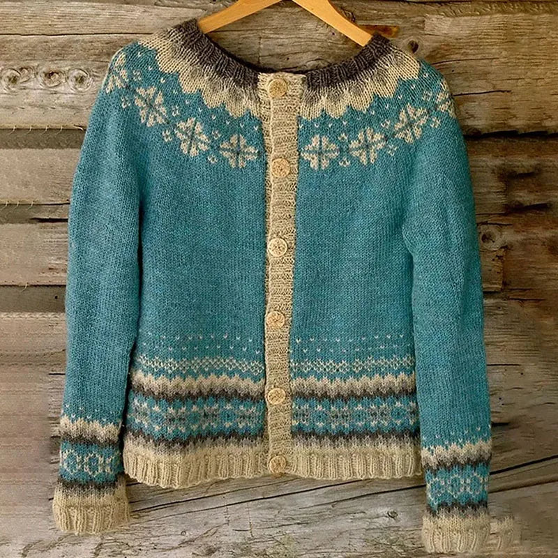 Fjordice Fair Isle Button-Front Cardigan – Women Patterned Cardigan Knit Nordic Vintage Fall Cardigan