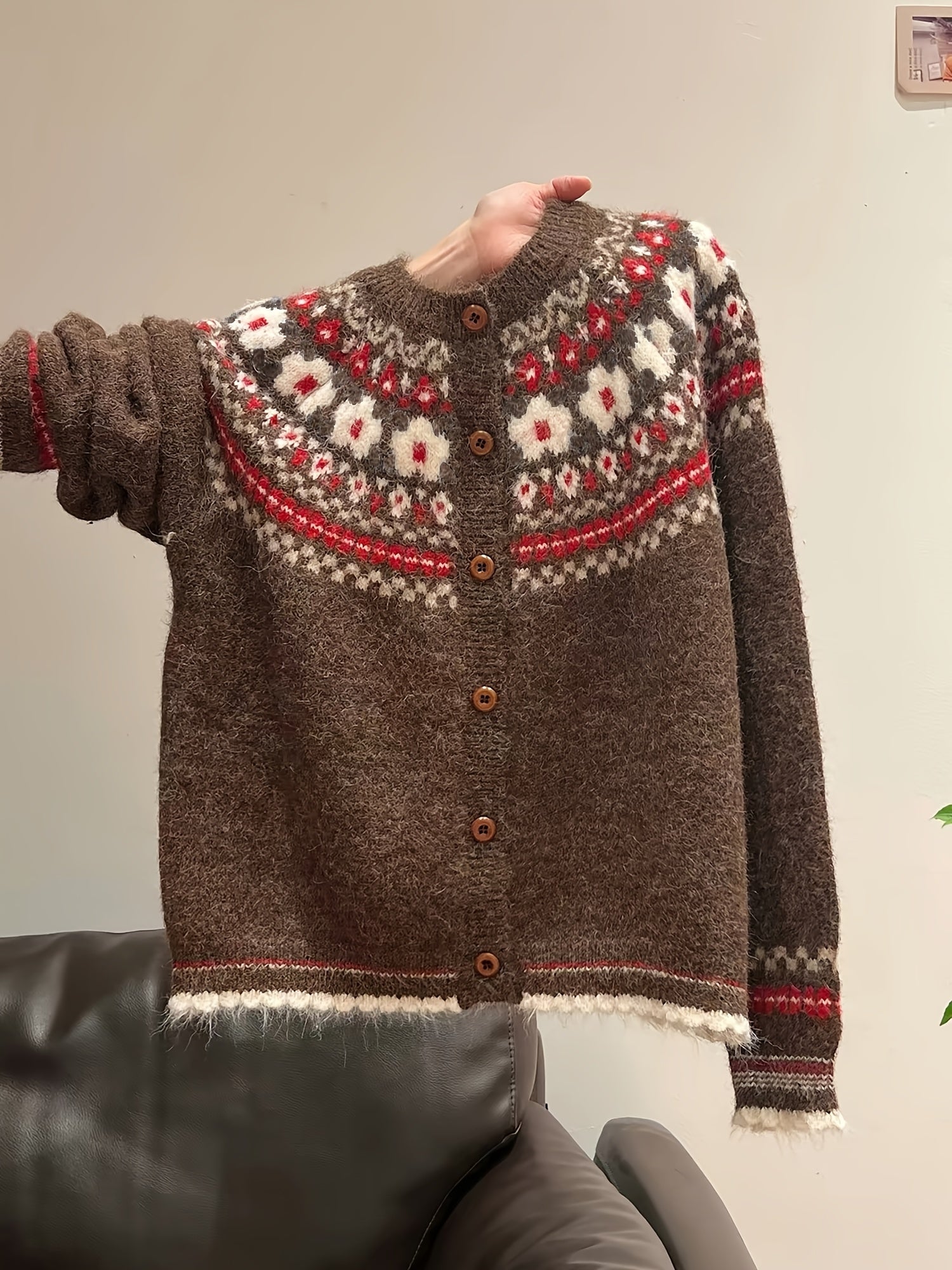 Blomstra Fair Isle Button Cardigan – Chunky Knit Women Fall Cozy Oversized Nordic Pattern Cardigan