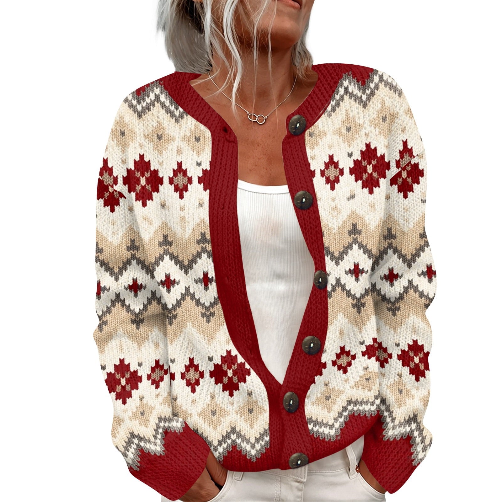 Firnova Fair Isle Button-Up Cardigan – Christmas Sweater Women Festive Holiday Knit Cozy Cardigan