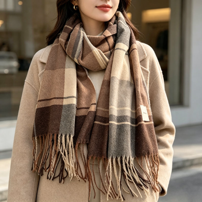Grande écharpe à carreaux Frinara – Écharpe chaude pour femme, hiver et automne, à pompons et franges, châle enveloppant façon couverture