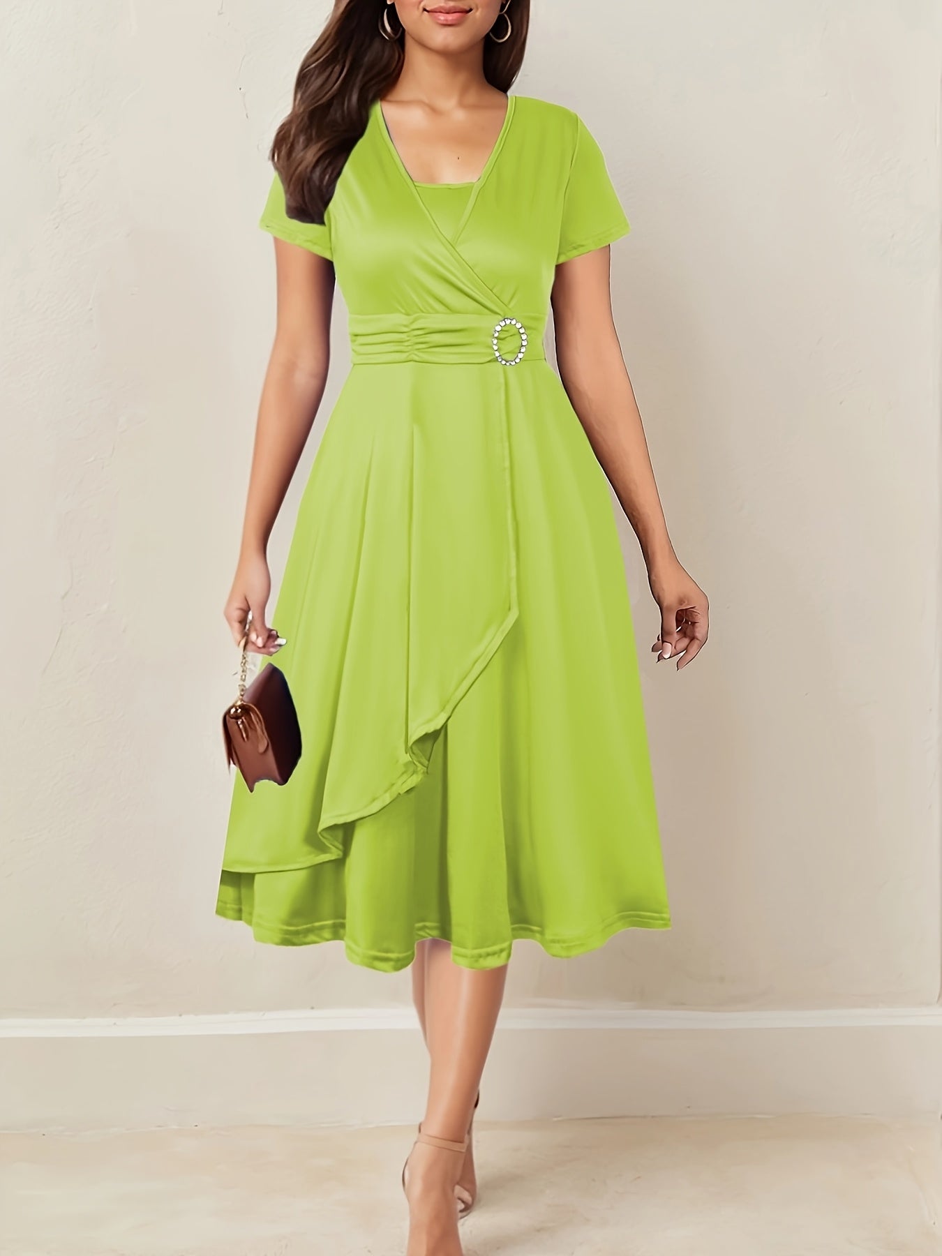 Brumati Wrap Waist Midi Dress – Rhinestone Buckle Ruched Evening Women Formal Party Teal Midi Dress