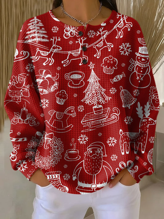 Cardigan Jolwick boutonné à imprimé festif - Pull de Noël femme rouge, cardigan oversize décontracté pour les fêtes