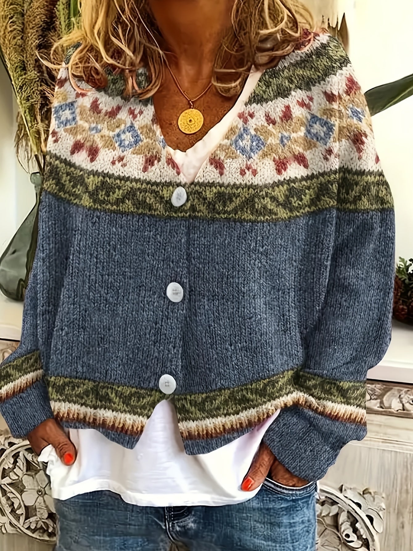 Blorvio Fair Isle Button Cardigan – Crochet Cardigan Sweater Women Fall Vintage Cropped Knit Cardigan