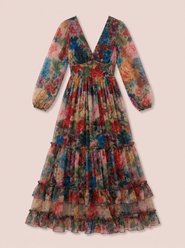 Floramora Tiered Ruffle Maxi Dress – Floral Maxi Dress Women Wedding Guest Long Sleeve Boho Summer Evening