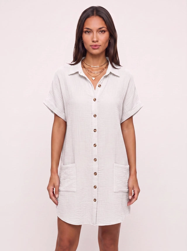 Costara Button Front Shirt Dress – Black Button Up Shirt Women Casual Summer Loose Fit Mini Dress