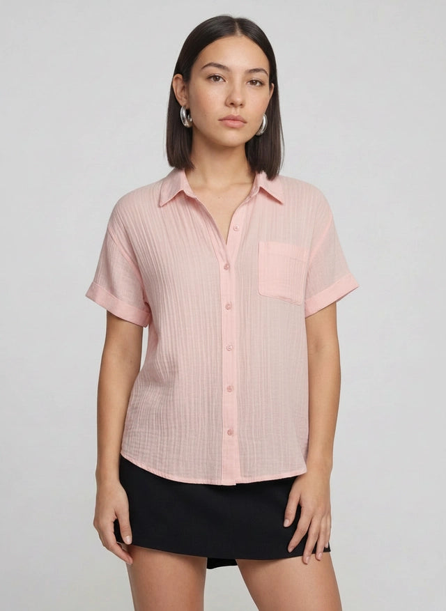 Brezza Gauze Short Sleeve Button Down Shirt – Women Button Up Blouse Casual Summer Beach Vacation Shirt