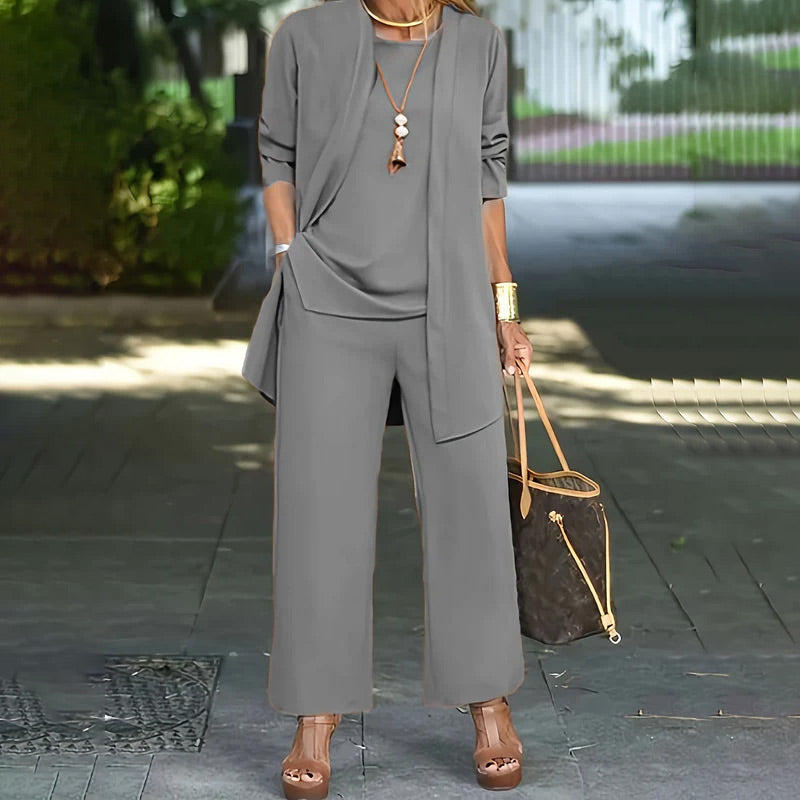 Corbyne Longline Duster Three-Piece Set – Formal Wear Women Elegant Evening Wedding Guest Wide-Leg Trouser Co-Ord