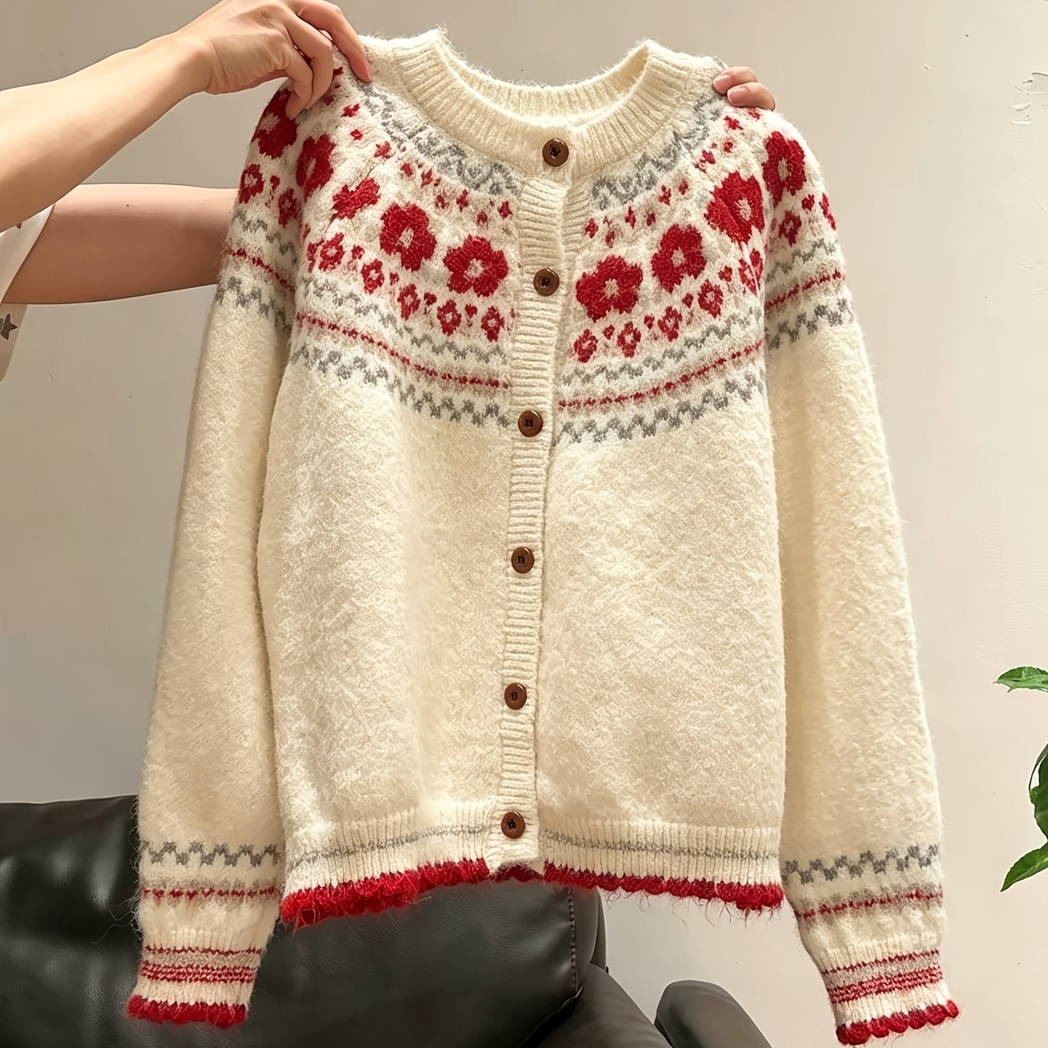 Blomstra Fair Isle Button Cardigan – Chunky Knit Women Fall Cozy Oversized Nordic Pattern Cardigan