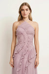 Pliova Halter Gown – Pleated Maxi Dress Women Semi Formal Wedding Guest Evening Ruffle