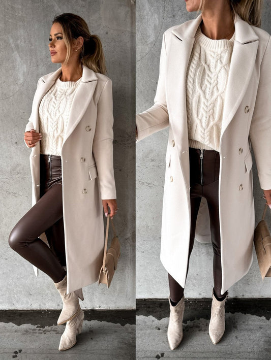 Cariotte Double-Breasted Longline Wool Coat – Women Fall Winter Office Tailored Trench Coat