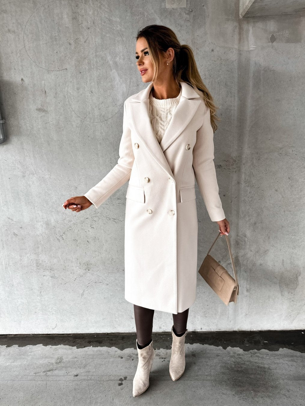 Manteau long en laine croisé Cariotte - manteau trench tailleur pour femme, pour le bureau en automne et en hiver