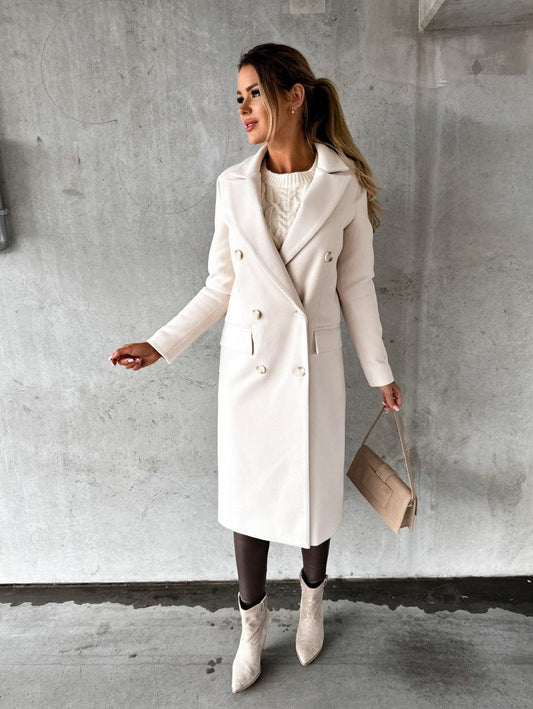Cariotte Double-Breasted Longline Wool Coat – Women Fall Winter Office Tailored Trench Coat