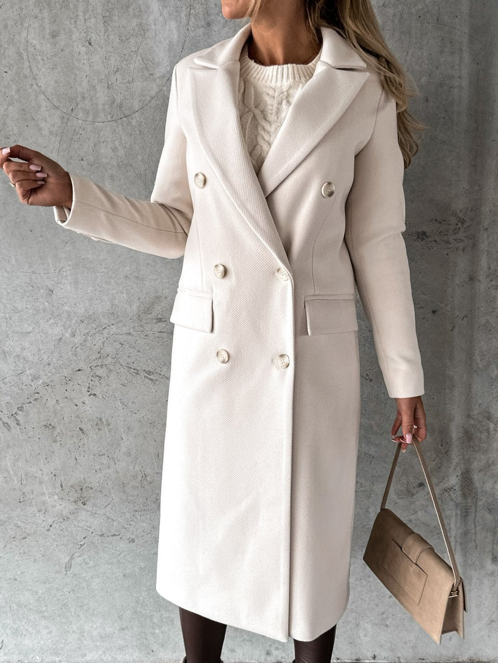 Manteau long en laine croisé Cariotte - manteau trench tailleur pour femme, pour le bureau en automne et en hiver