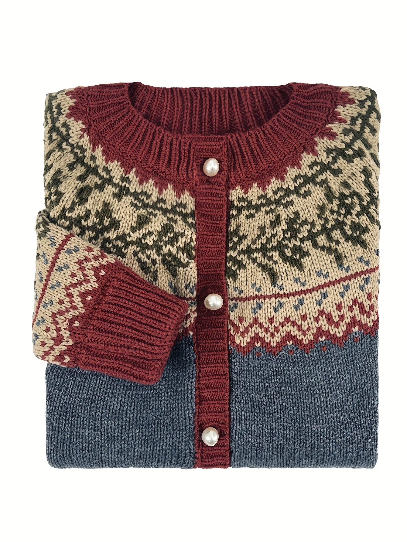 Cardigan boutonné Fair Isle Fjarrond - Pull cardigan tricoté pour femme, motif nordique, manches longues