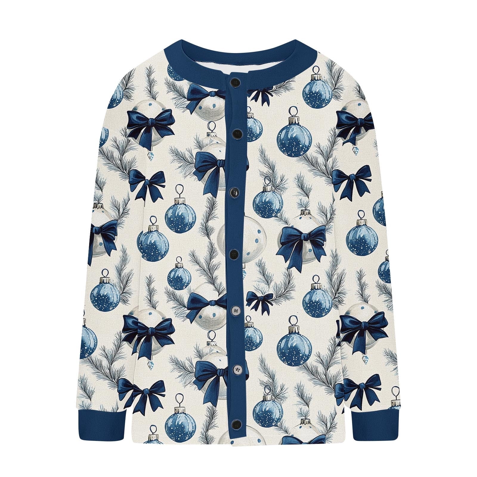 Ornabelle Printed Cardigan – Christmas Holiday Women Button Down Knit Cardigan Blue Festive Casual Fall Cardigan