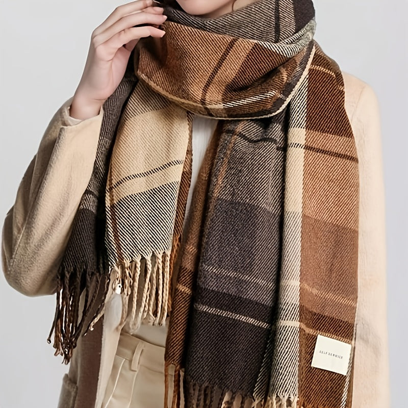 Grande écharpe à carreaux Frinara – Écharpe chaude pour femme, hiver et automne, à pompons et franges, châle enveloppant façon couverture