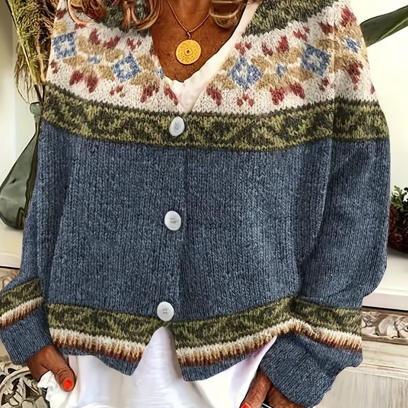 Blorvio Fair Isle Button Cardigan – Crochet Cardigan Sweater Women Fall Vintage Cropped Knit Cardigan